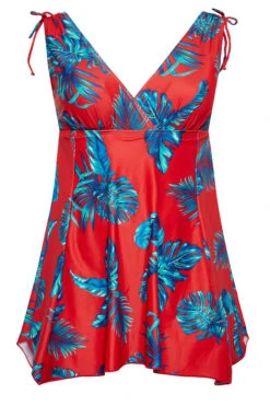 YOURS Curve Red Palm Leaf Plunge Tummy Control Swim Dress -Saga Dresses Shop 837894e8 b5b1 48 150269 X