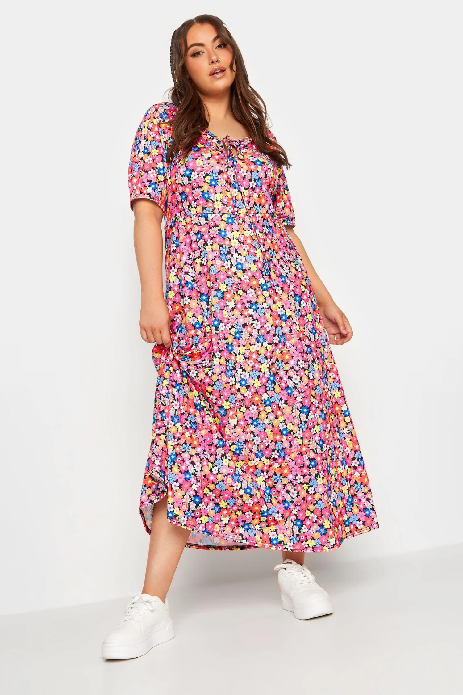 LIMITED COLLECTION Curve Pink Floral Print Tie Front Maxi Dress 2 LIMITED COLLECTION Curve Pink Floral Print Tie Front Maxi Dress - Image 2
