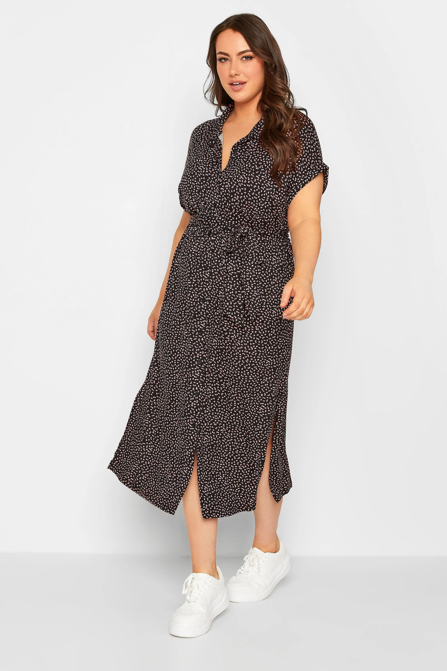YOURS Curve Black Leaf Print Spilt Hem Midaxi Shirt Dress 1 YOURS Curve Black Leaf Print Spilt Hem Midaxi Shirt Dress