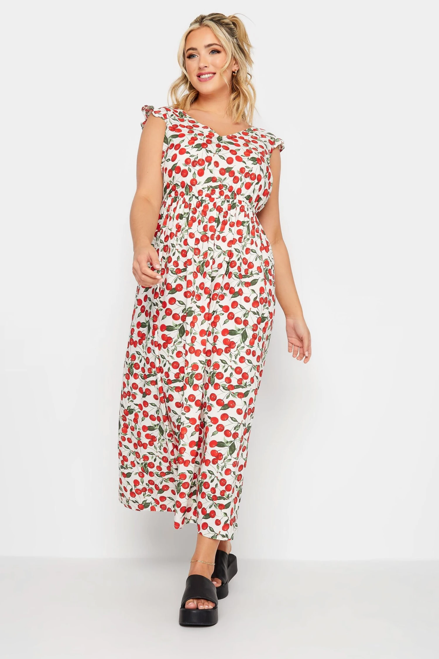 LIMITED COLLECTION Curve White Cherry Print Frill Maxi Dress 1 LIMITED COLLECTION Curve White Cherry Print Frill Maxi Dress