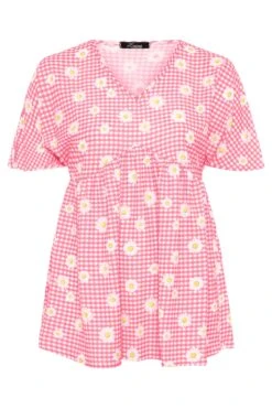 LIMITED COLLECTION Curve Pink Gingham Floral Top -Saga Dresses Shop 876926d8 ec86 40 213640 F