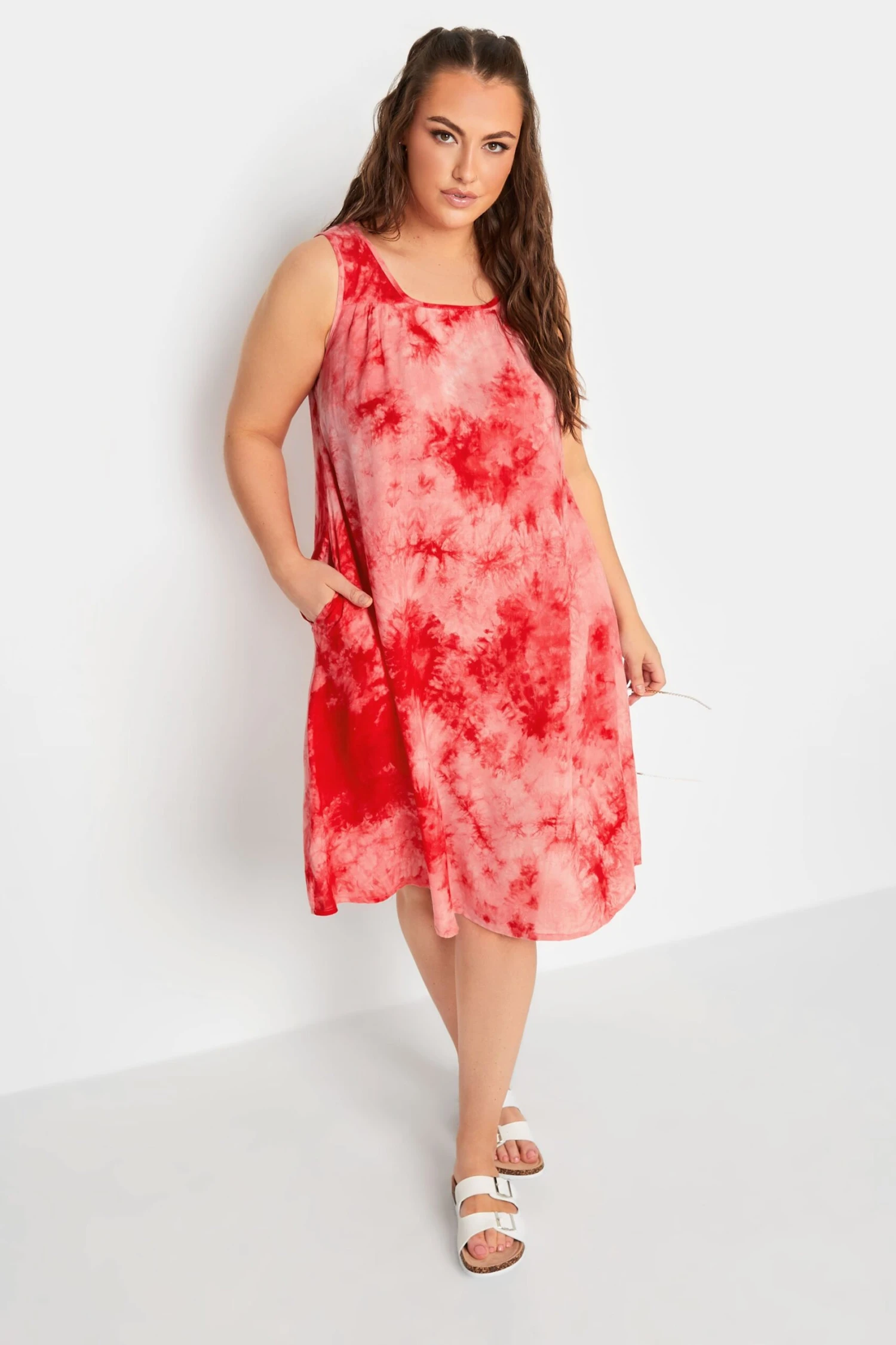 YOURS Curve Coral Orange Tie Dye Print Swing Dress 1 YOURS Curve Coral Orange Tie Dye Print Swing Dress