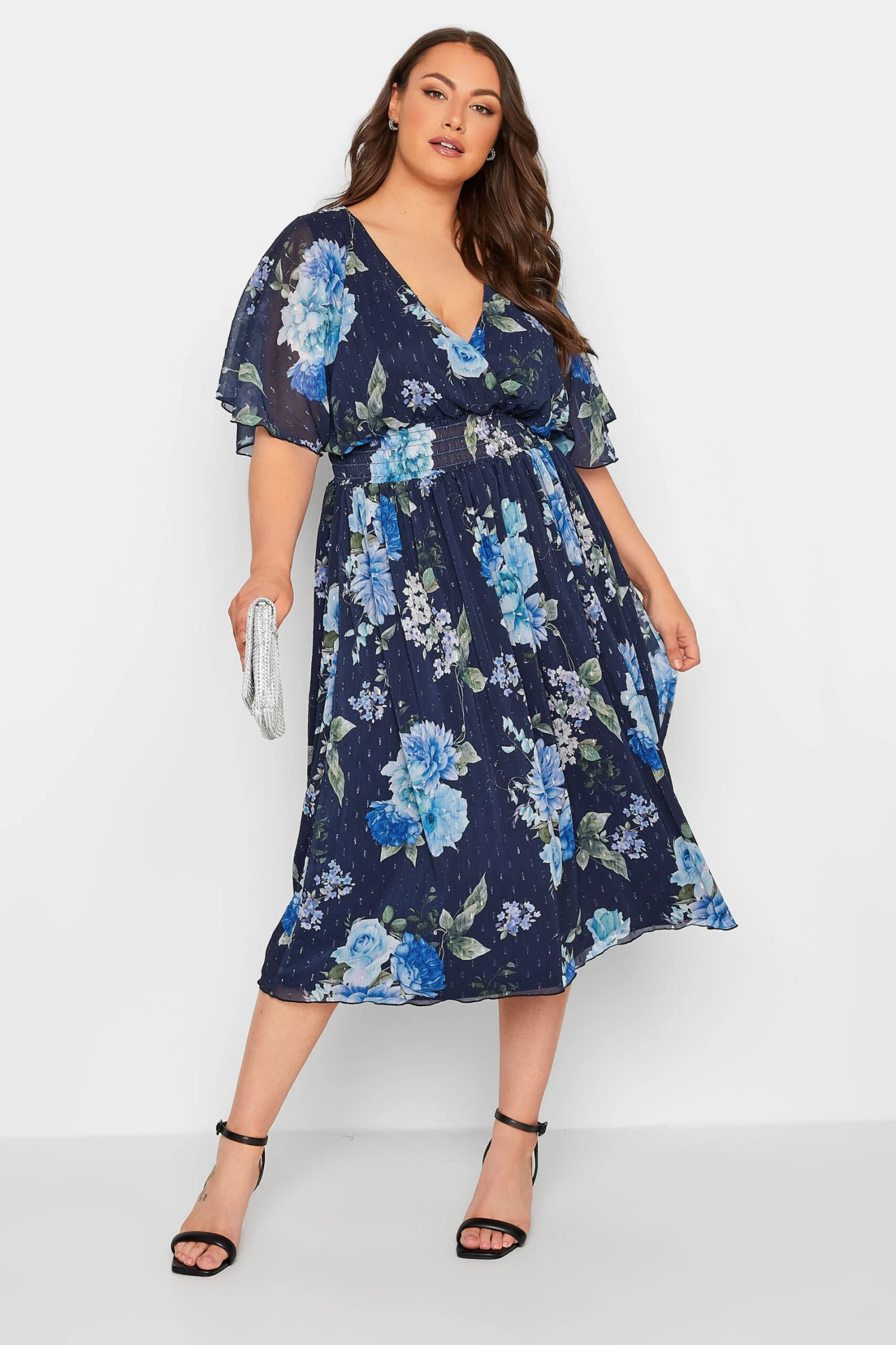 YOURS LONDON Blue Floral Angel Sleeve Wrap Dress 1 YOURS LONDON Blue Floral Angel Sleeve Wrap Dress