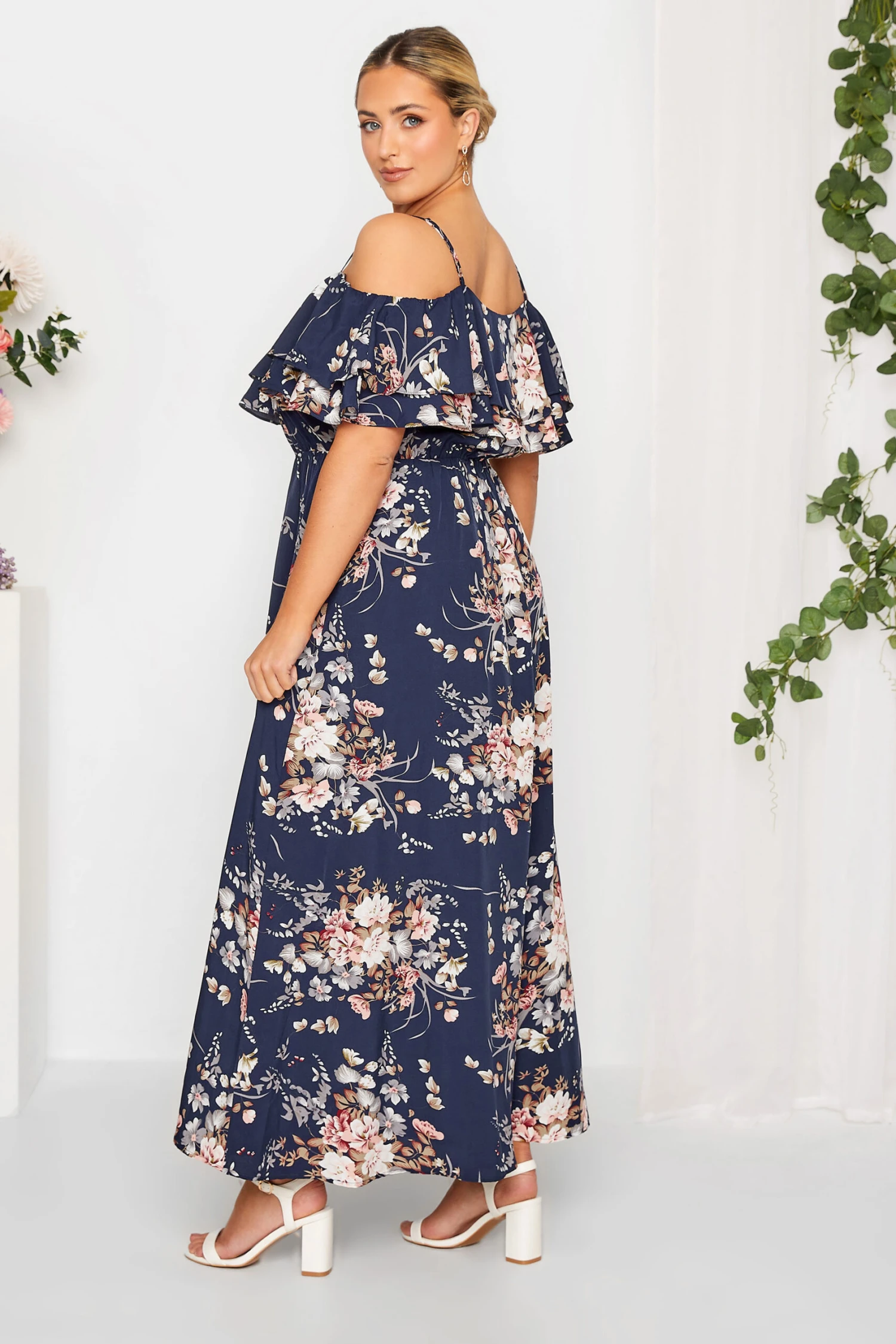 YOURS LONDON Curve Navy Blue Floral Ruffle Bardot Maxi Dress 2 YOURS LONDON Curve Navy Blue Floral Ruffle Bardot Maxi Dress - Image 2