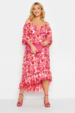 YOURS Curve Pink Floral Cold Shoulder Midaxi Dress
