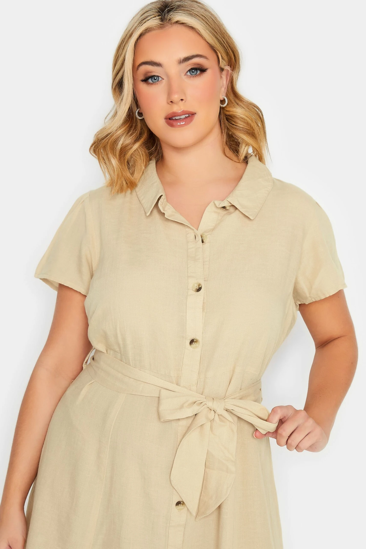 YOURS PETITE Curve Stone Brown Linen Blend Button Through Dress 3 YOURS PETITE Curve Stone Brown Linen Blend Button Through Dress - Image 3