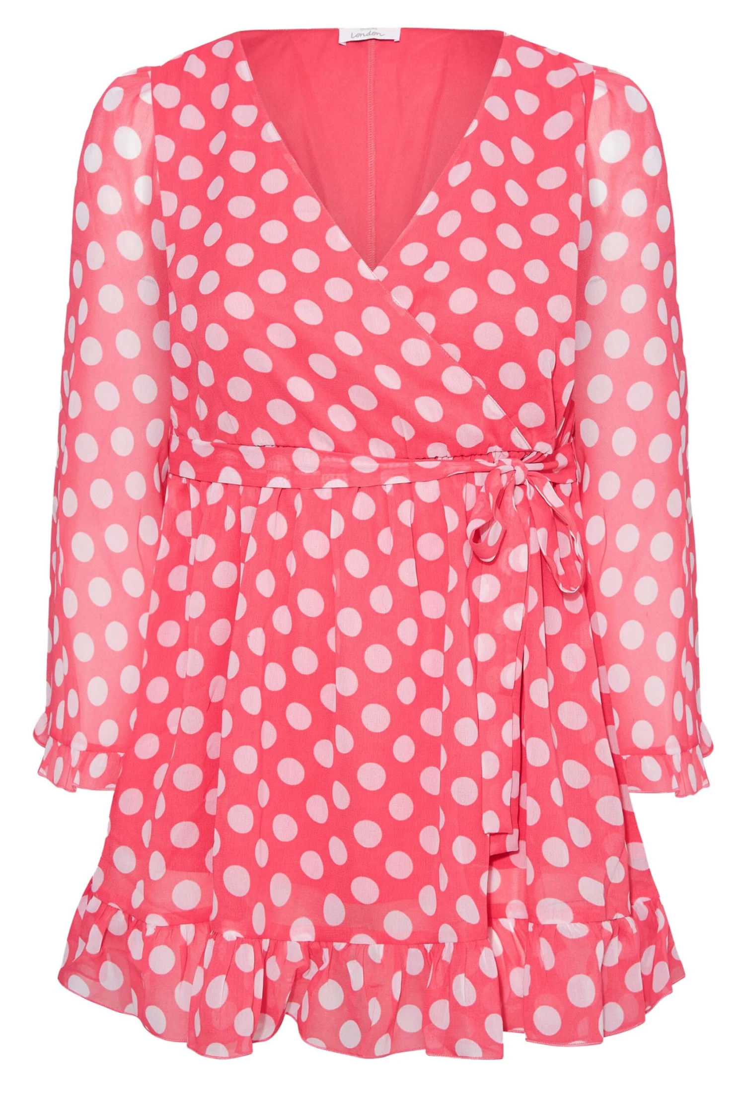 YOURS LONDON Curve Pink Polka Dot Ruffle Wrap Top 5 YOURS LONDON Curve Pink Polka Dot Ruffle Wrap Top - Image 5