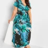 YOURS Curve Black & Blue Leaf Print Wrap Neck Dress
