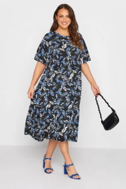 YOURS Curve Black Floral Print Tiered Midi Dress