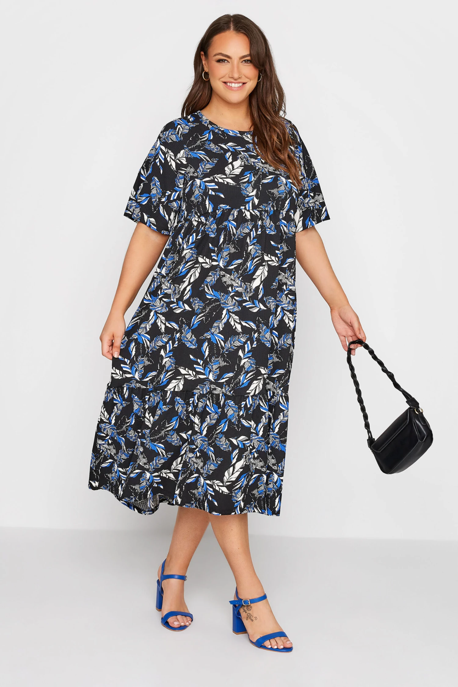 YOURS Curve Black Floral Print Tiered Midi Dress 1 YOURS Curve Black Floral Print Tiered Midi Dress