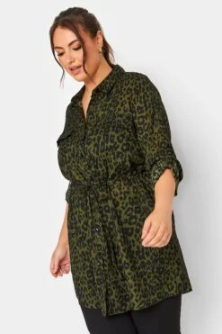 YOURS Curve Khaki Green Animal Print Utility Tunic Shirt