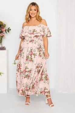 YOURS LONDON Curve Light Pink Floral Bardot Ruffle Maxi Dress