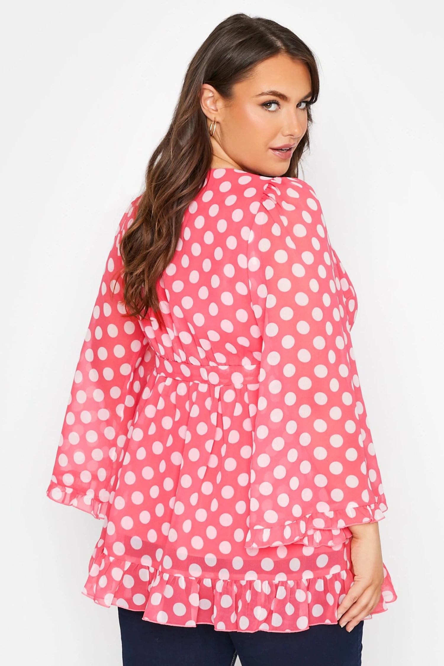 YOURS LONDON Curve Pink Polka Dot Ruffle Wrap Top 2 YOURS LONDON Curve Pink Polka Dot Ruffle Wrap Top - Image 2