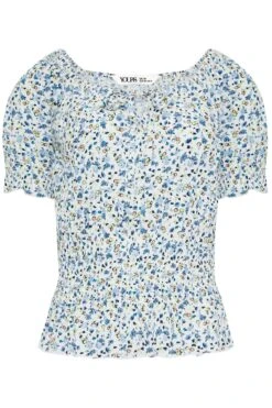 YOURS PETITE Curve White & Blue Floral Bardot Top -Saga Dresses Shop 8f54fc8e 98b7 49 174467 X