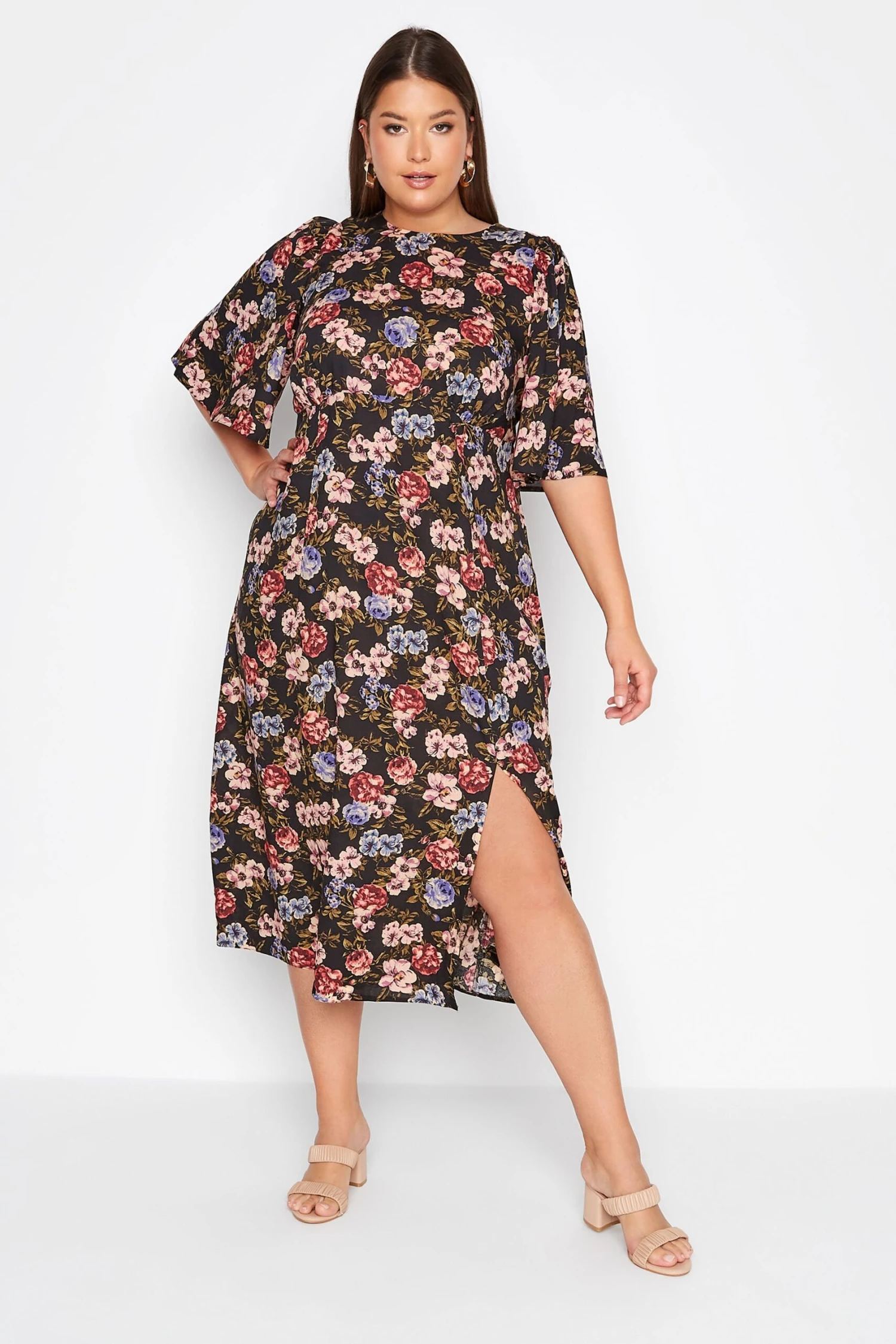 YOURS Curve Black Floral Print Side Split Midi Dress 1 YOURS Curve Black Floral Print Side Split Midi Dress