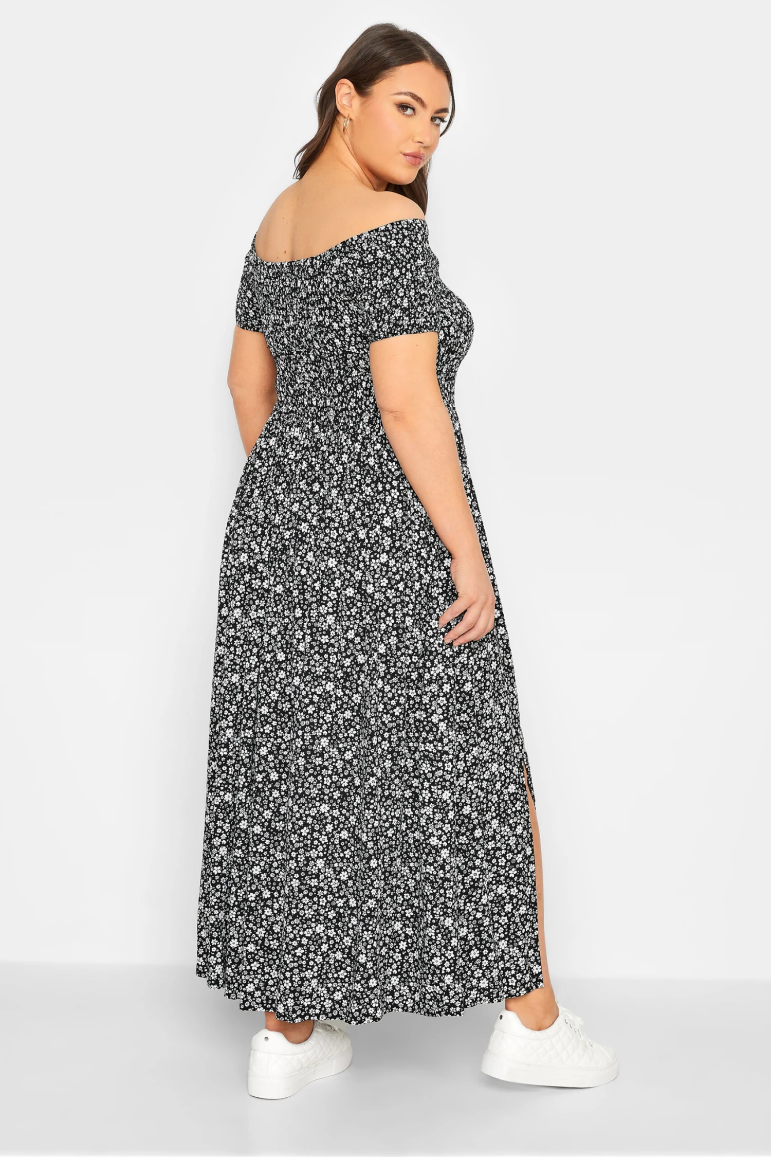 YOURS Curve Black Floral Shirred Bardot Maxi Dress 2 YOURS Curve Black Floral Shirred Bardot Maxi Dress - Image 2