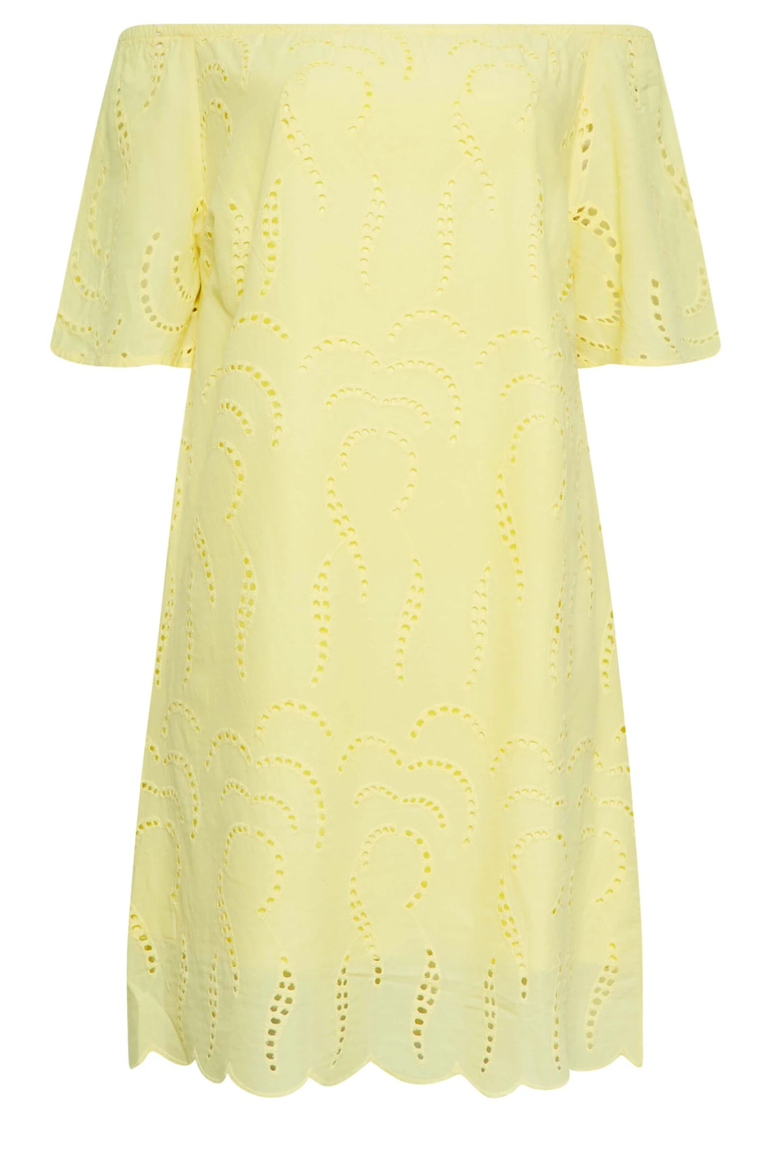YOURS Curve Yellow Broderie Anglaise Bardot Dress 5 YOURS Curve Yellow Broderie Anglaise Bardot Dress - Image 5