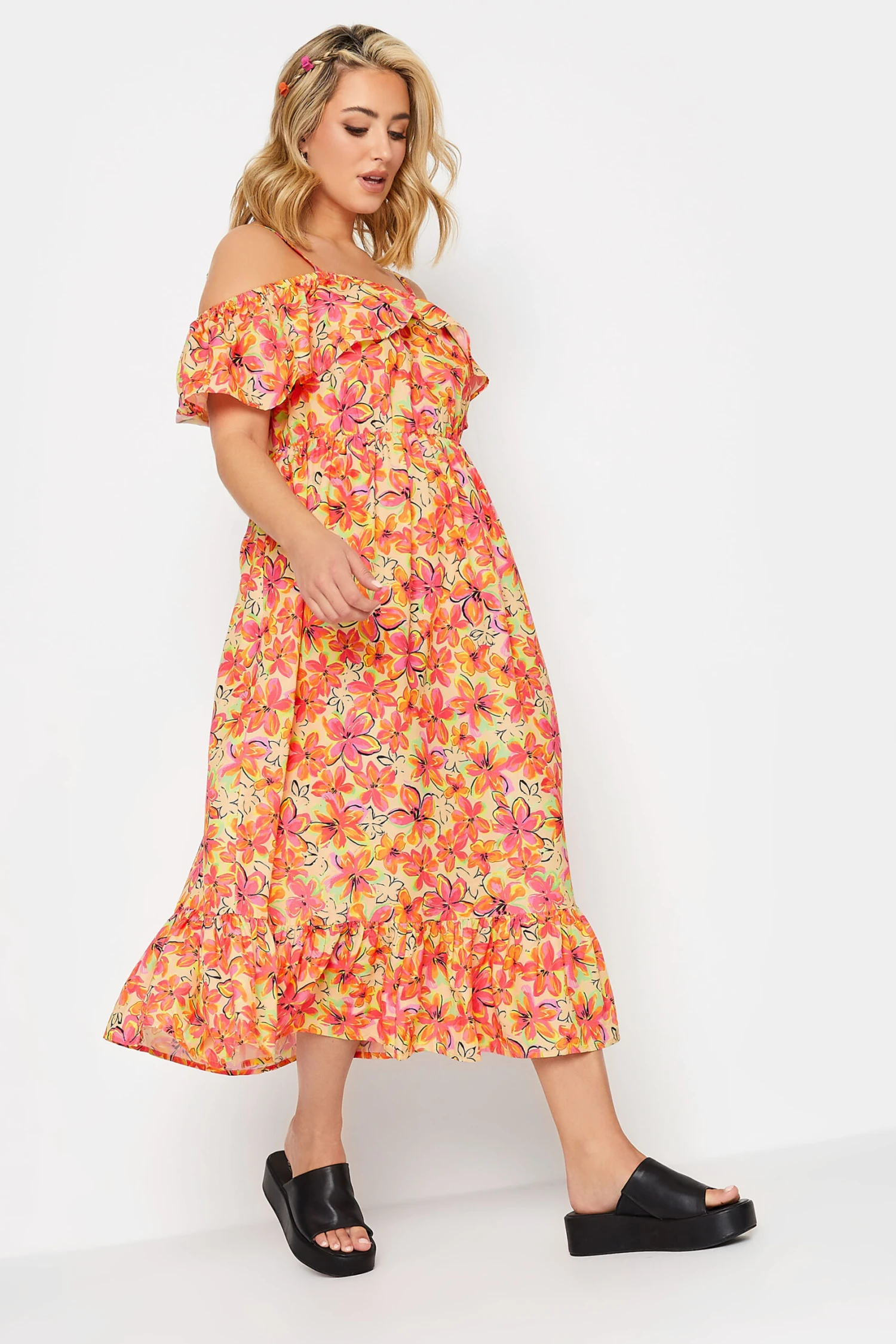 LIMITED COLLECTION Curve Orange Floral Frill Cold Shoulder Midi Dress 2 LIMITED COLLECTION Curve Orange Floral Frill Cold Shoulder Midi Dress - Image 2