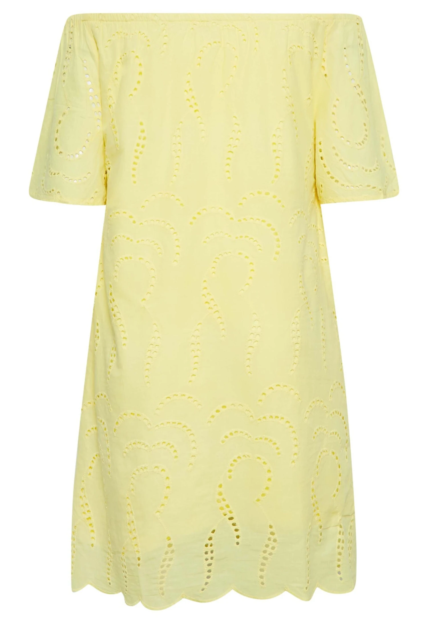 YOURS Curve Yellow Broderie Anglaise Bardot Dress 6 YOURS Curve Yellow Broderie Anglaise Bardot Dress - Image 6