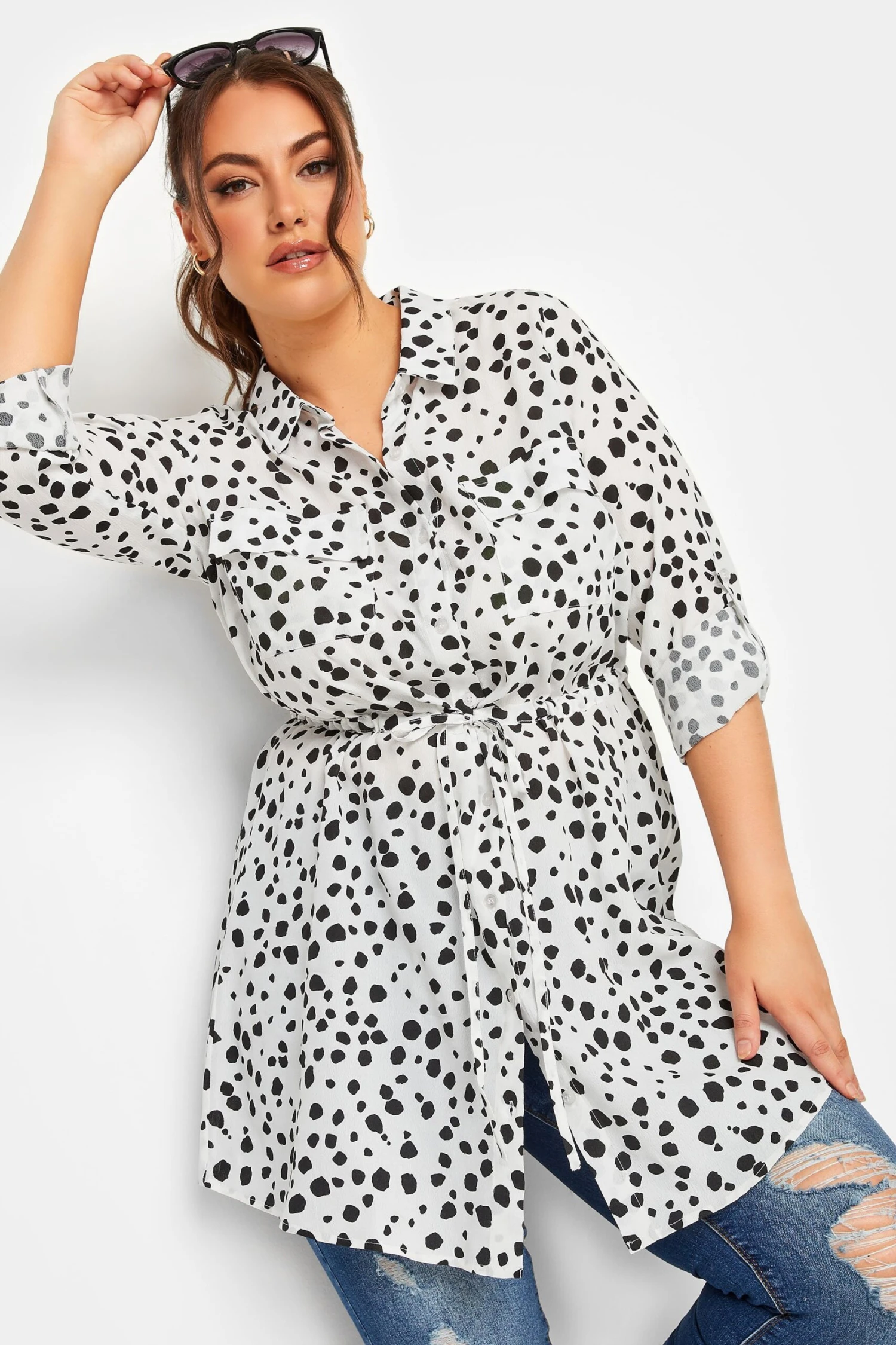YOURS Curve White Dalmatian Print Utility Tunic Shirt 1 YOURS Curve White Dalmatian Print Utility Tunic Shirt