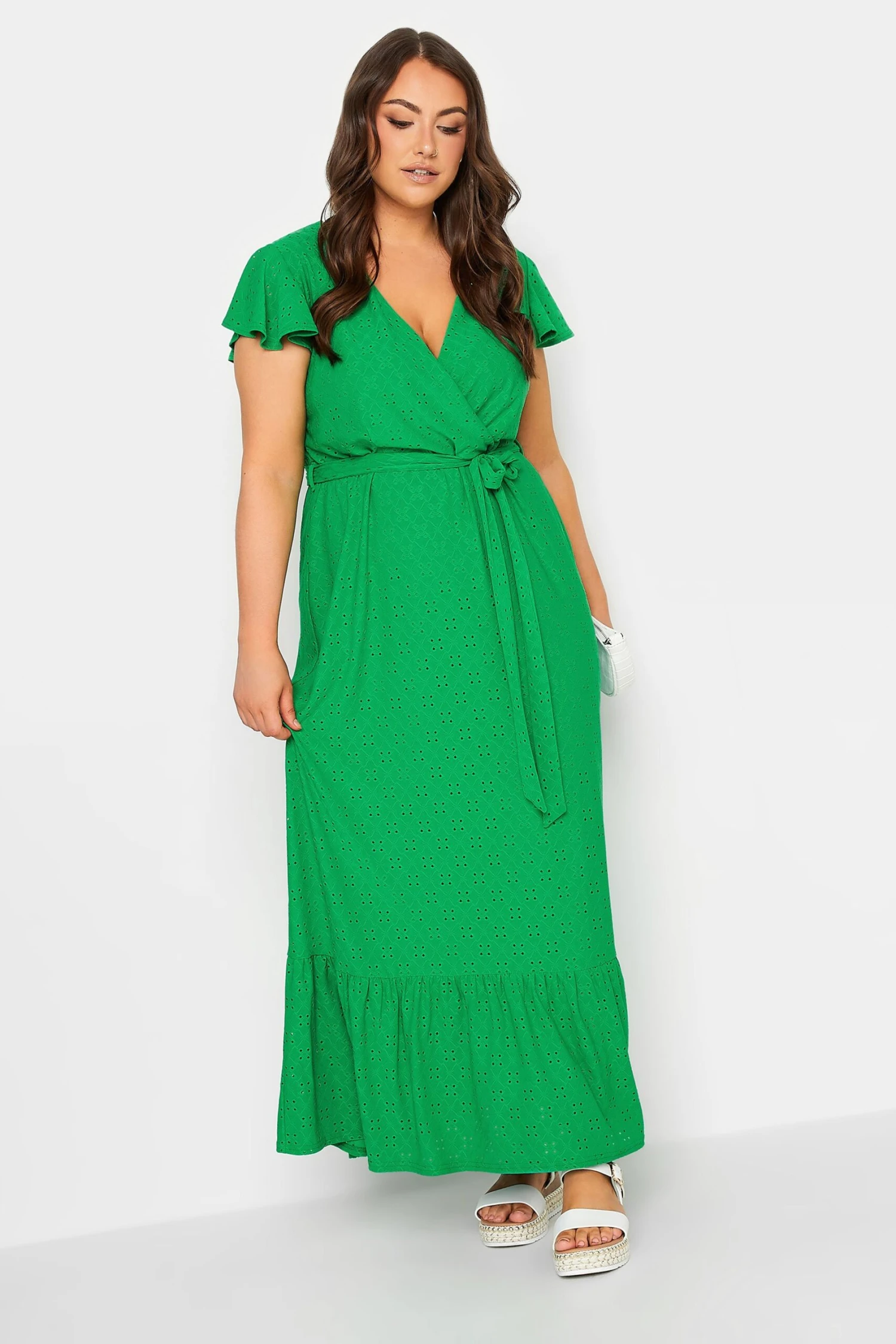 YOURS Curve Green Broderie Anglaise Wrap Maxi Dress 1 YOURS Curve Green Broderie Anglaise Wrap Maxi Dress