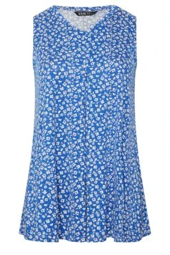 YOURS Curve Blue Floral Print Pleat Front Vest Top -Saga Dresses Shop 946c210e 5dee 42 302071 X