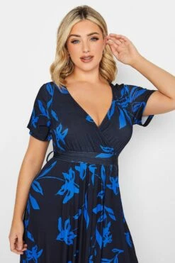 YOURS Curve Cobalt Blue Leaf Print Maxi Wrap Dress -Saga Dresses Shop 947f283c d8a8 45 302159 D