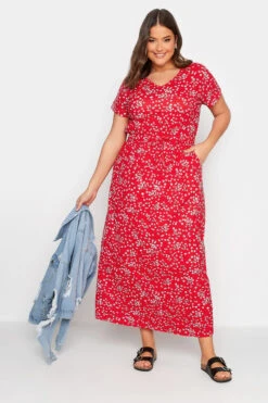 YOURS Curve Red Floral Print Maxi T-Shirt Dress
