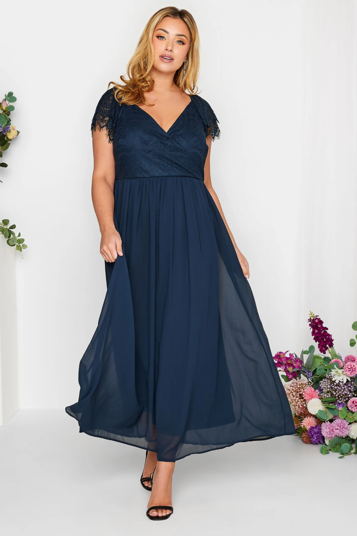 YOURS LONDON Curve Navy Blue Lace Detail Wrap Maxi Dress 1 YOURS LONDON Curve Navy Blue Lace Detail Wrap Maxi Dress