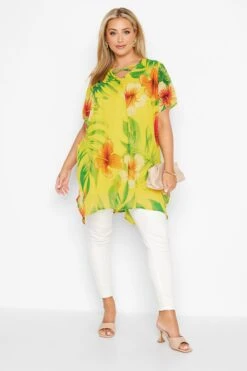 YOURS Curve Yellow Tropical Print Cross Front Top