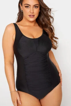 YOURS Curve Black Ruched Mesh Tummy Control Swimsuit