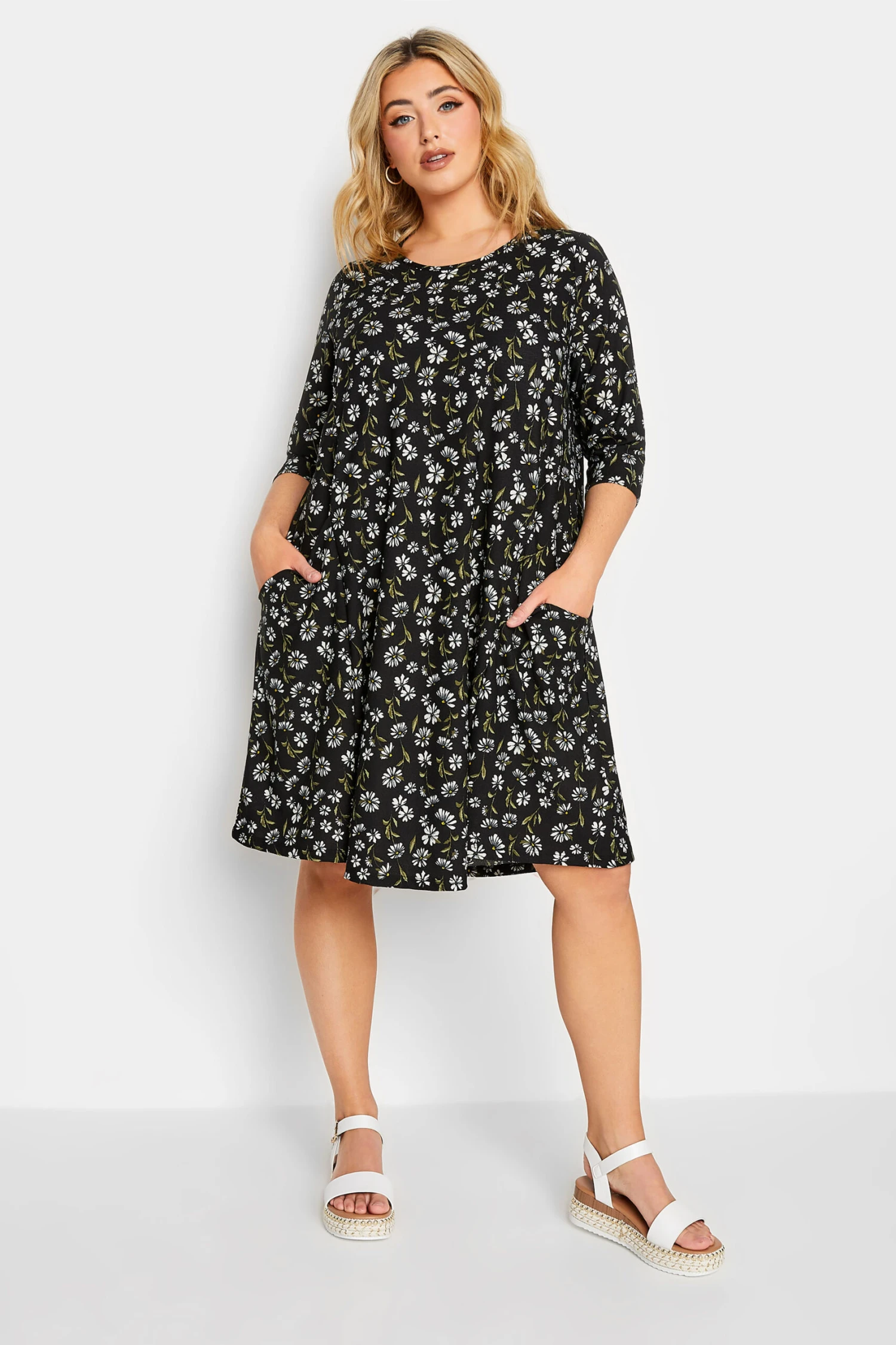 YOURS Curve Black Daisy Print Drape Pocket Mini Dress 1 YOURS Curve Black Daisy Print Drape Pocket Mini Dress