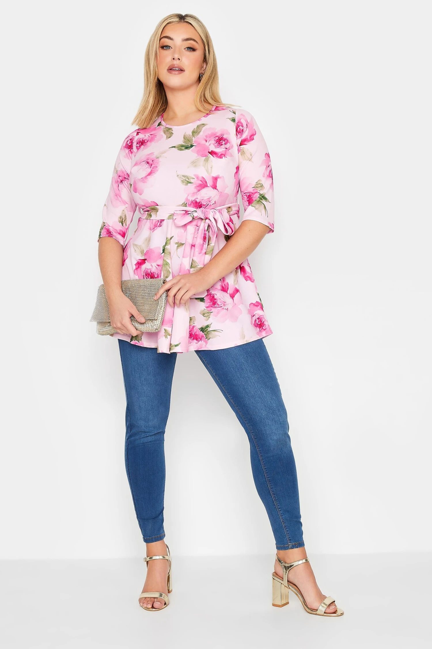 YOURS LONDON Curve Pink Floral Scoop Neck Peplum Top 1 YOURS LONDON Curve Pink Floral Scoop Neck Peplum Top