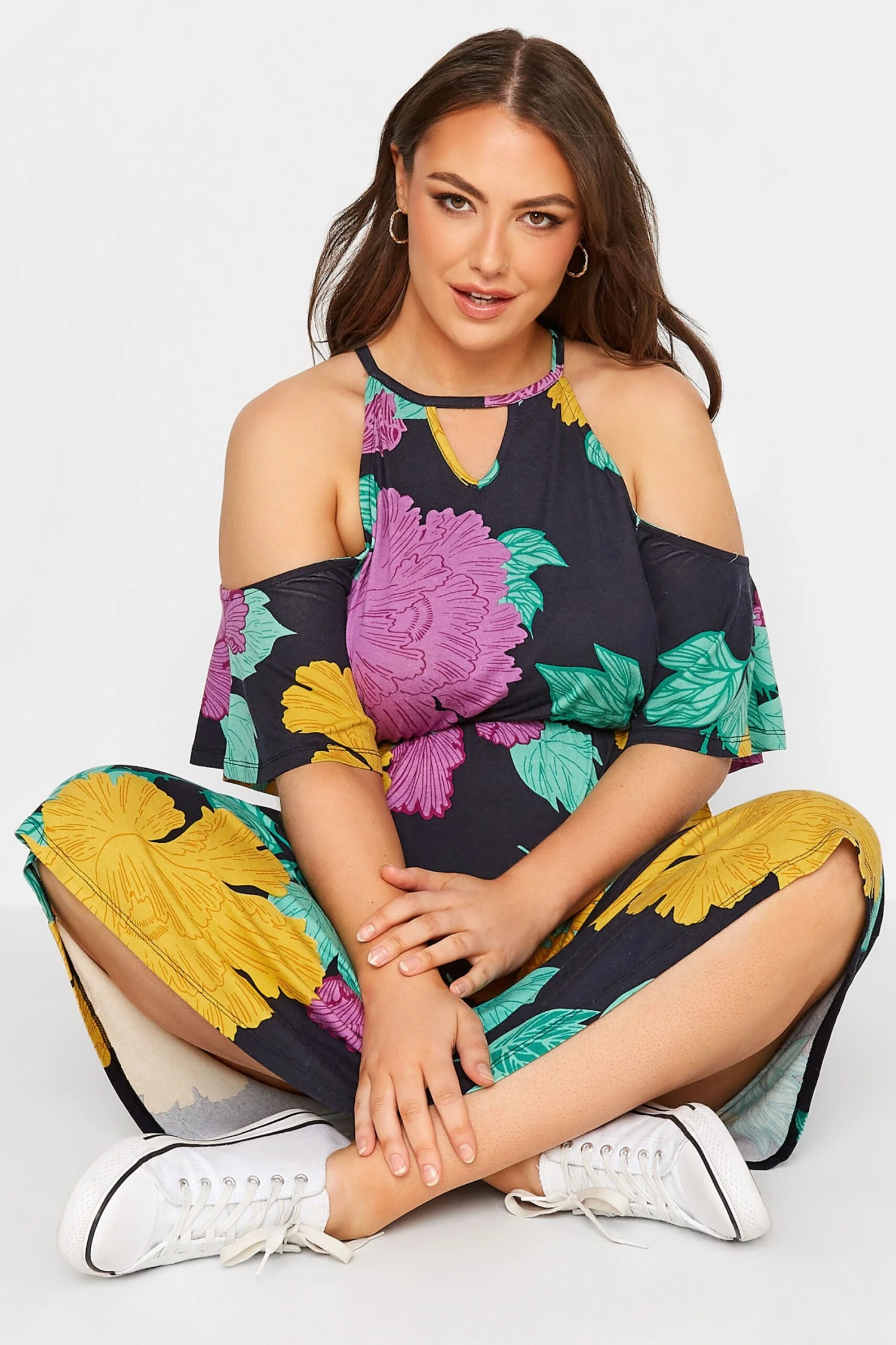 YOURS Curve Black Floral Cold Shoulder Dress 3 YOURS Curve Black Floral Cold Shoulder Dress - Image 3