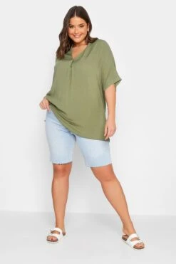 YOURS Curve Khaki Green Marl V-Neck Top
