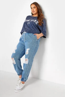 YOURS Curve Mid Blue Ripped Jogger Jeans