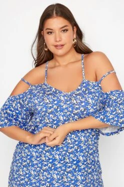 YOURS Curve Blue Floral Strappy Cold Shoulder Top -Saga Dresses Shop 9c8ac5b7 4c4f 45 300808 D
