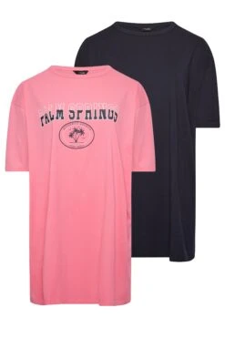 YOURS 2 PACK Curve Pink & Navy Blue Oversized Slogan Tunic Tops -Saga Dresses Shop 9ca229e5 bc95 49 320772 XS