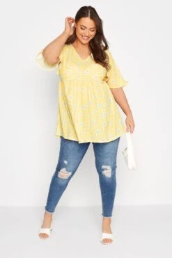 LIMITED COLLECTION Curve Lemon Yellow Gingham Floral Top