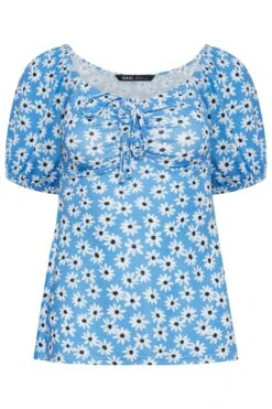 YOURS PETITE Curve Blue Daisy Print Ruched Front Top -Saga Dresses Shop 9f8ba082 ed27 4a 174592 X