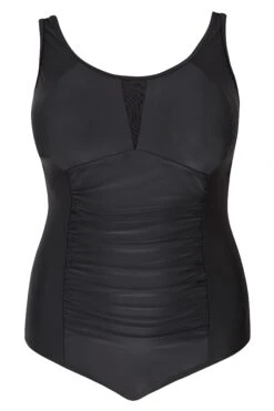 YOURS Curve Black Ruched Mesh Tummy Control Swimsuit -Saga Dresses Shop Black Ruched Mesh Swimsuit 150098 399c