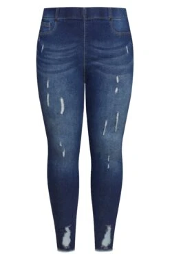 YOURS FOR GOOD Curve Indigo Blue Distressed Cat Scratch Stretch JENNY Jeggings -Saga Dresses Shop Indigo Distressed JENNY Jeggings 142260 3bca