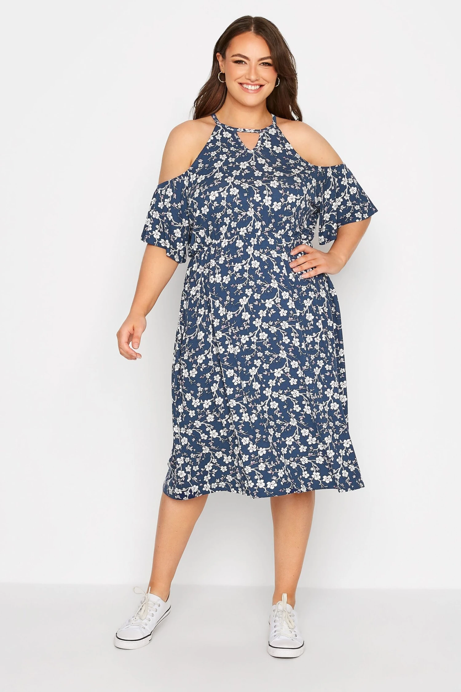 YOURS Curve Blue Floral Cold Shoulder Dress 1 YOURS Curve Blue Floral Cold Shoulder Dress