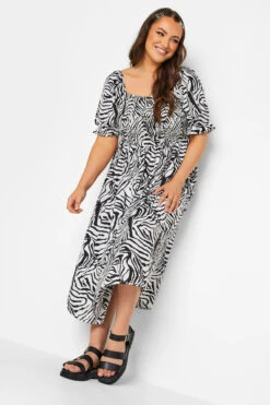 YOURS Curve Black & White Zebra Print Shirred Midaxi Dress