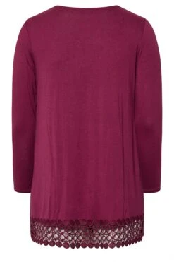 YOURS Curve Dark Pink Crochet Trim Long Sleeve Tunic Top -Saga Dresses Shop a1486c4b ba92 47 320338 Y