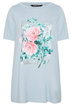 YOURS Curve Light Blue Floral Foil Print T-Shirt -Saga Dresses Shop a193c41e 7a0b 41 302181 X
