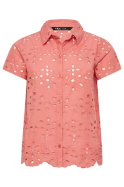 YOURS PETITE Curve Coral Pink Broderie Anglaise Short Sleeve Shirt -Saga Dresses Shop a1aedcf4 9331 46 174511 X