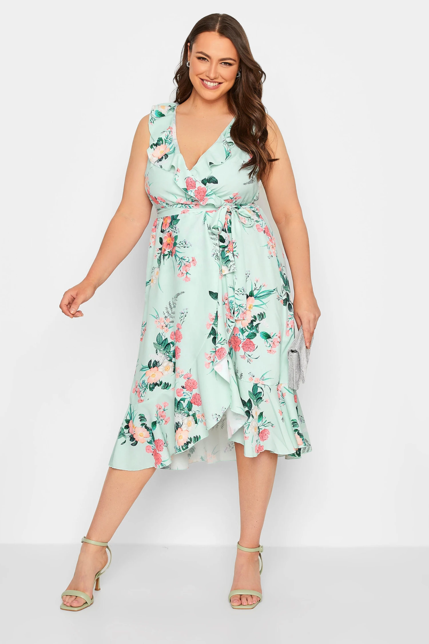 YOURS LONDON Curve Green Floral Print Double Ruffle Wrap Dress 1 YOURS LONDON Curve Green Floral Print Double Ruffle Wrap Dress