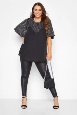 LUXE Curve Black Hand Embellished Sweetheart Blouse