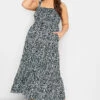 YOURS Curve Black Leaf Print Shirred Maxi Dress
